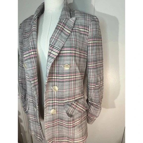 1. State Ruched Sleeve Plaid Blazer Jacket Med Preppy Double Breasted Open Front - Picture 4 of 10